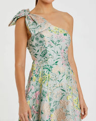 Multicolor One Shoulder Brocade Floral Gown With Bow