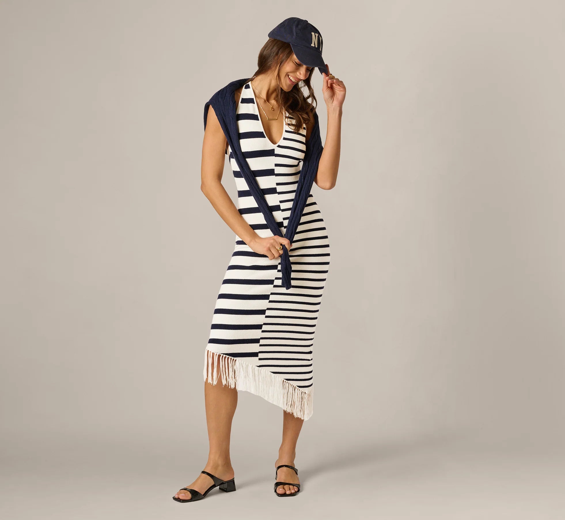 Striped Asymmetrical Fringe Halter Midi Dress In Ivory Navy