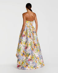 Multicolor Strapless Floral High Low Bubble Hem Gown