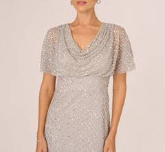 Short Sleeve Diamond Beaded Cowl Gown In Crystal Silver