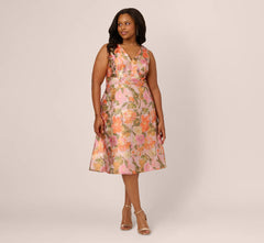 Plus Size Metallic Floral Jacquard Midi Dress In Yellow Orange Multi