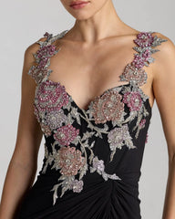 Black Sweetheart Jersey Gown With Beaded Flowers