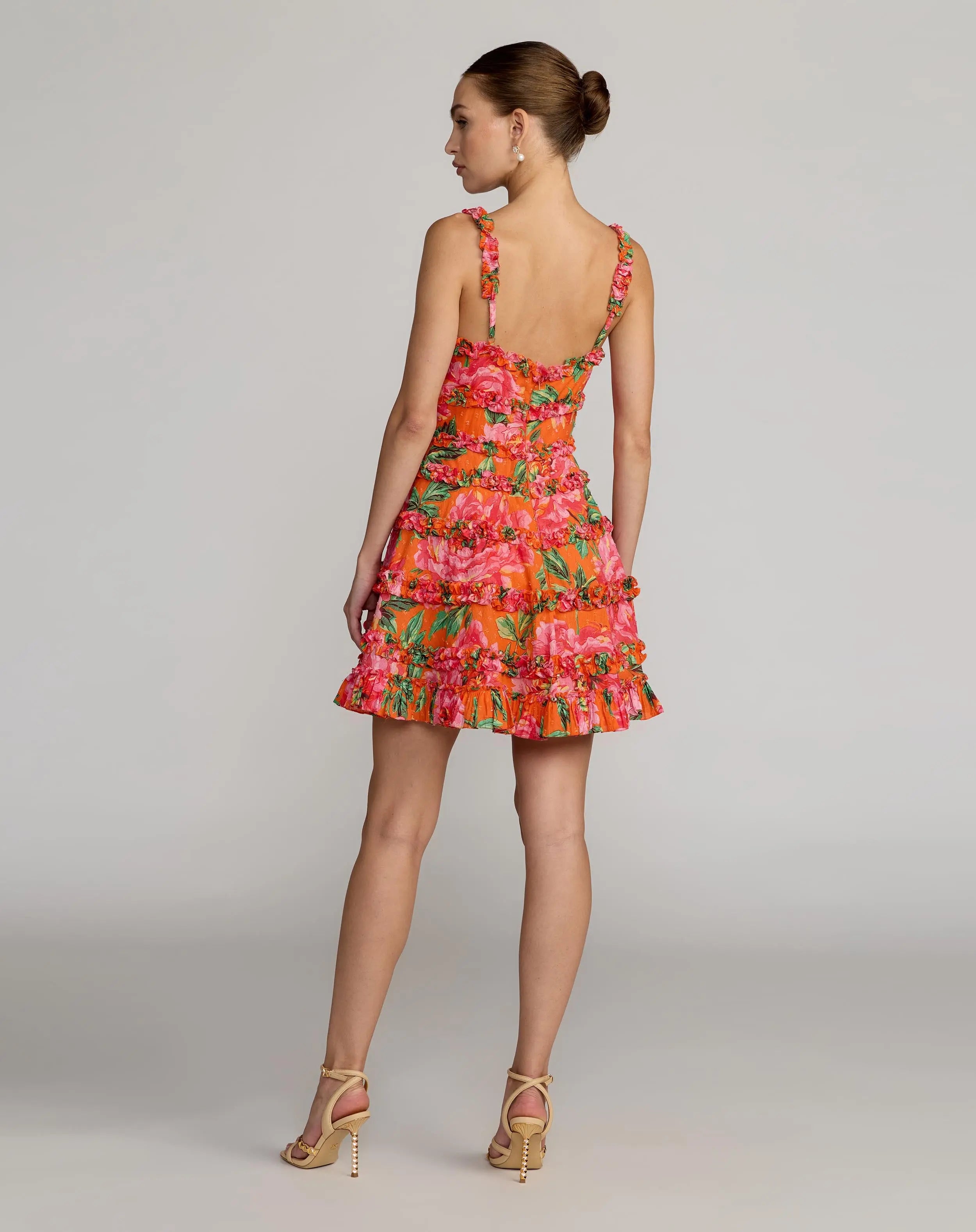 Orange Floral Square Neck Ruffled Cotton Mini Dress