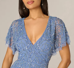 Flutter Sleeve Surplice Beaded Gown In French Blue