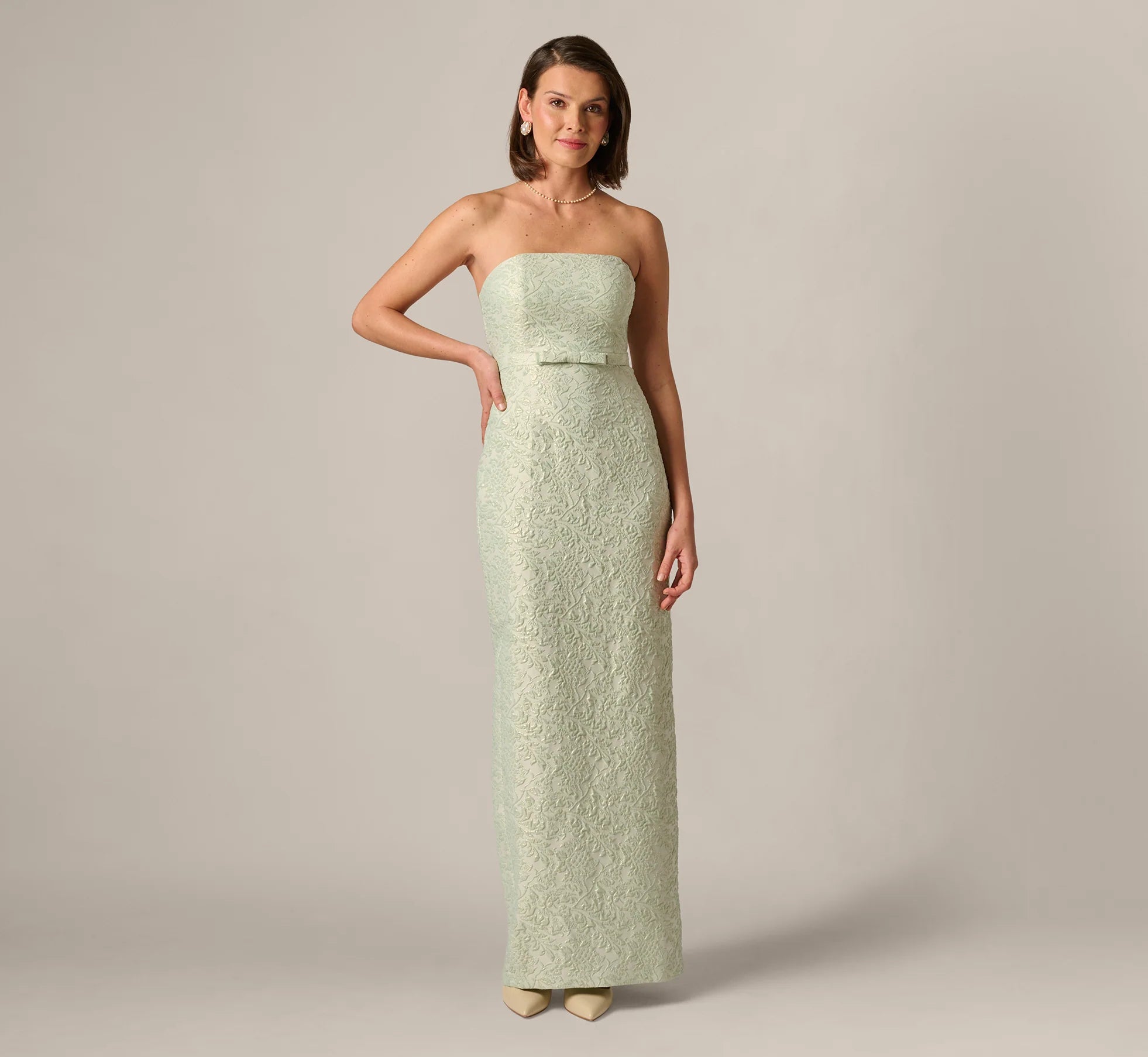Strapless Metallic Jacquard Column Gown In Mint Glaze