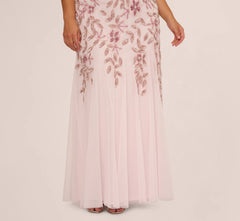 Plus Size Hand Beaded Short Sleeve Floral Godet Gown In Blush Pink