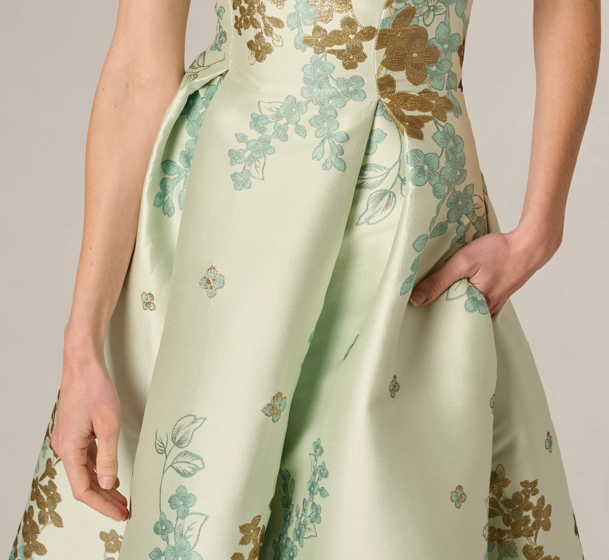 Floral Jacquard Ankle Length Dress With Off The Shoulder Neckline In Sage Gold