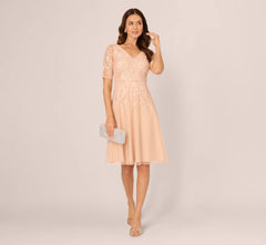 Short Sleeve Sequin Bead Midi Dress In Blush
