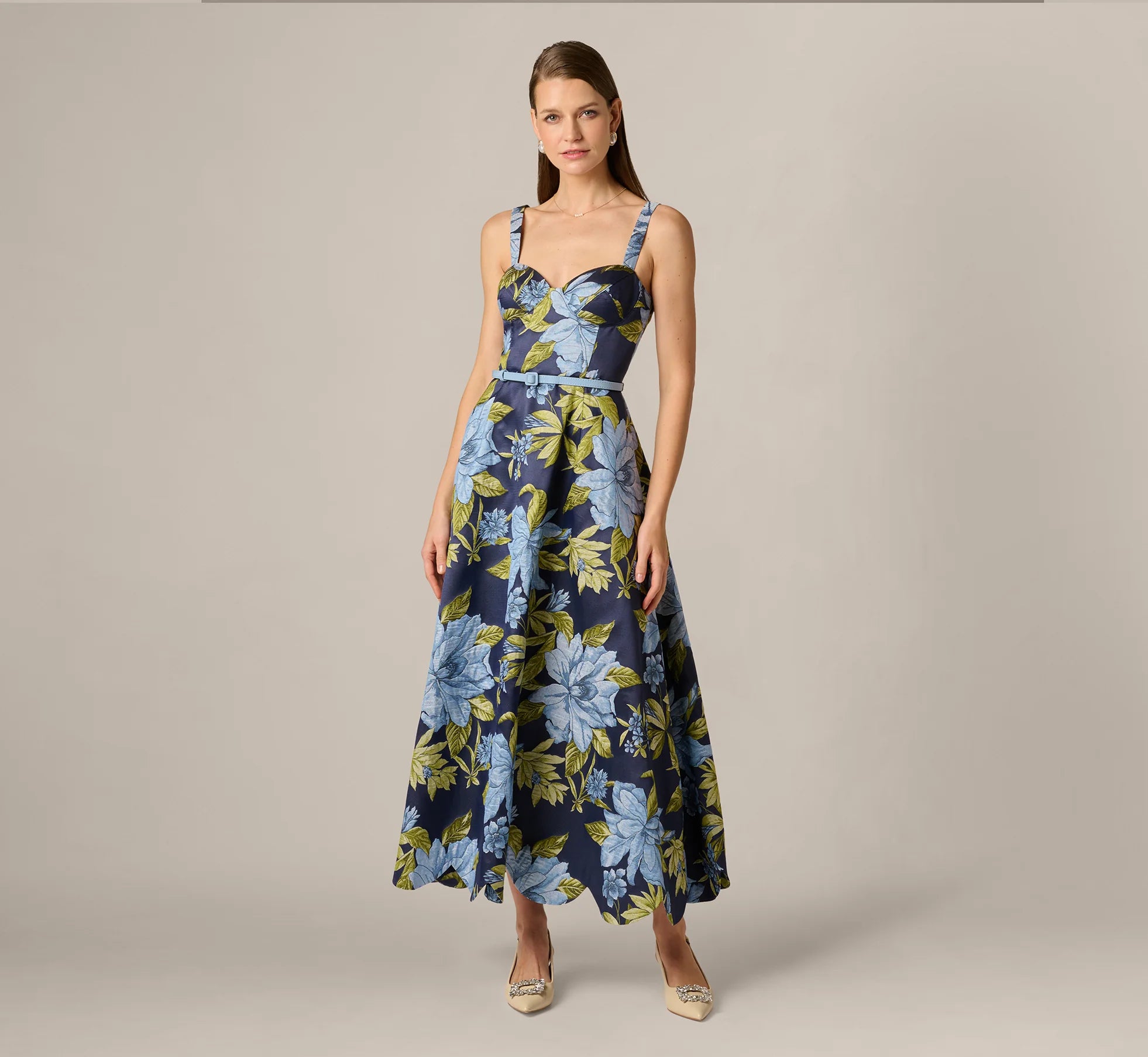 Floral Jacquard Sweetheart Scalloped Ankle Dress In Blue Multi
