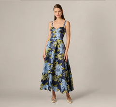Floral Jacquard Sweetheart Scalloped Ankle Dress In Blue Multi