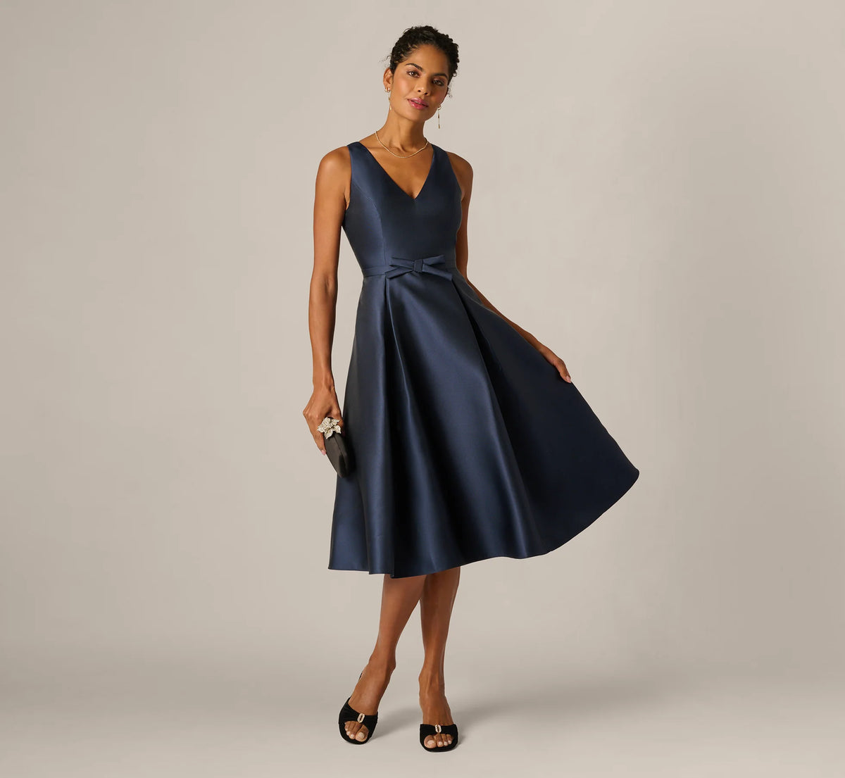 Mikado Bow Waist Fit And Flare Midi Dress In Midnight