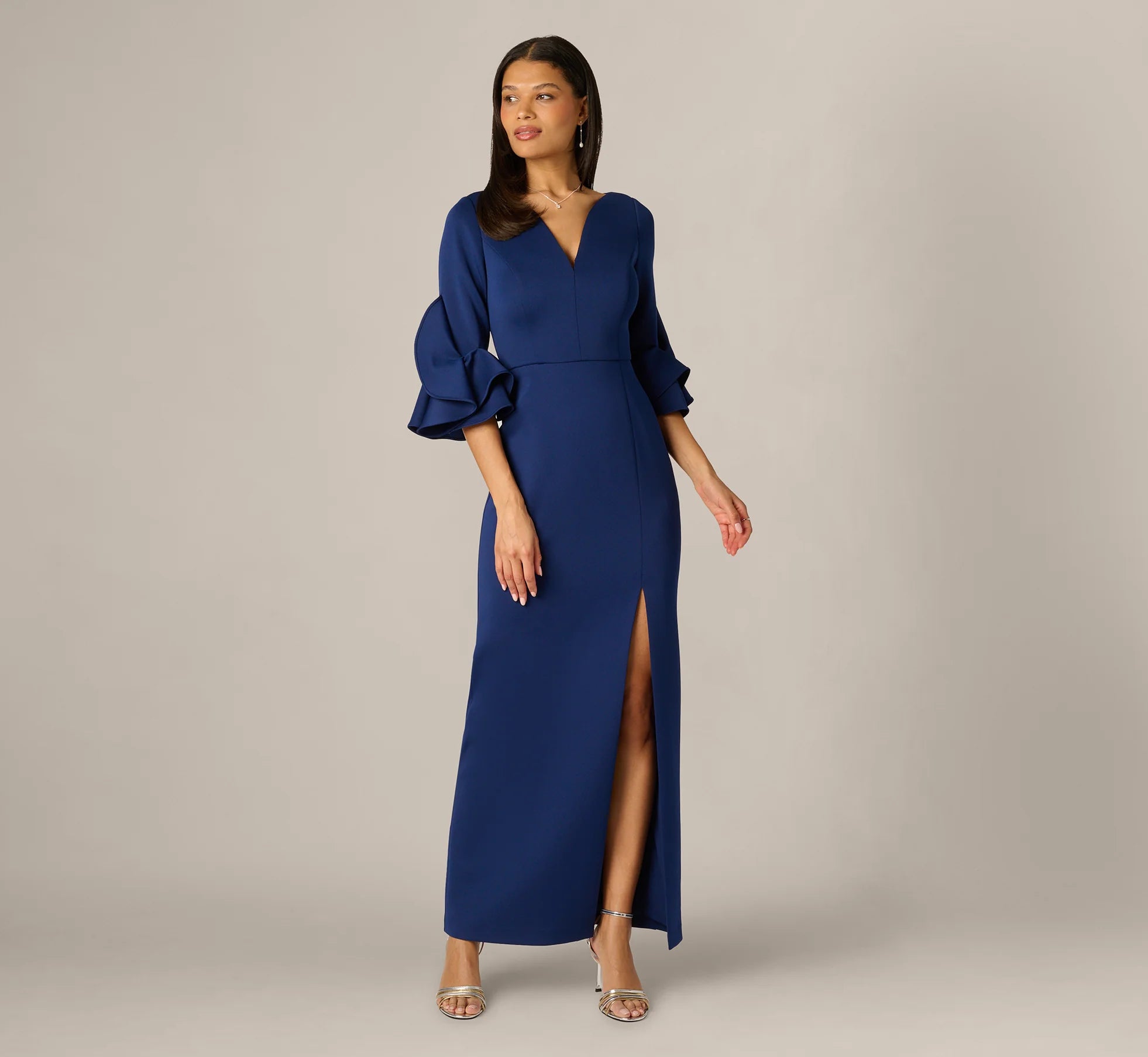 Sculpted Bell Sleeve Column Gown In Navy Sateen