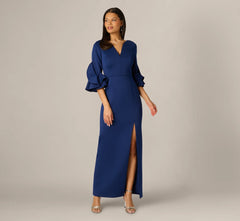 Sculpted Bell Sleeve Column Gown In Navy Sateen