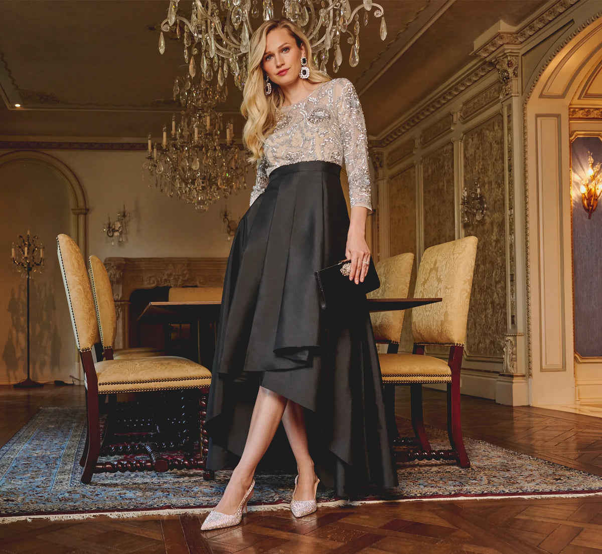 Three Quarter Sleeve Beaded Taffeta Combo Gown In Black Silver