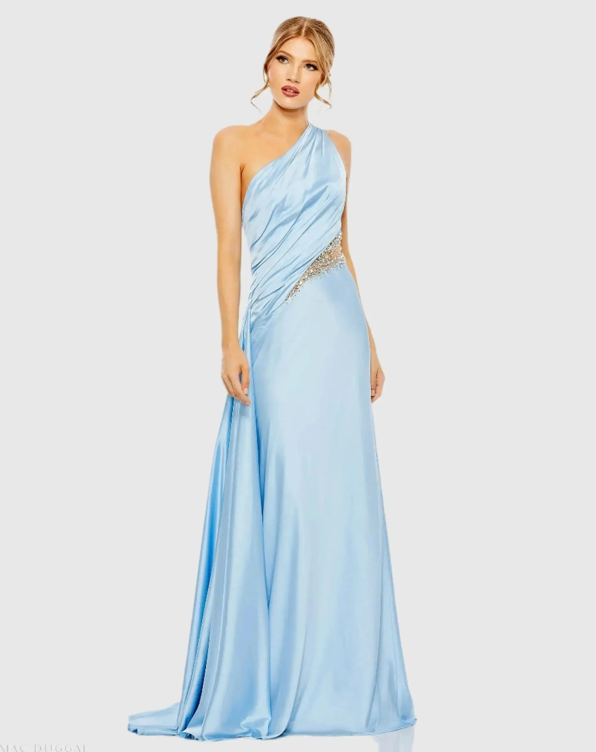 Blue One Shoulder Charmeuse Gown With Beaded Cutout