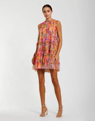 Printed Sleeveless High Neck Ruffle Mini Dress