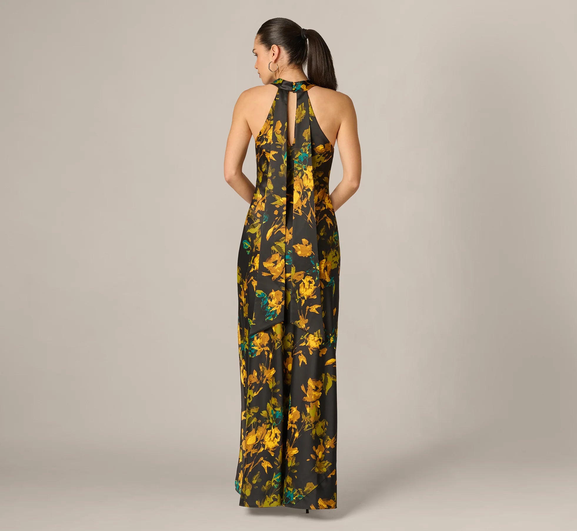 Floral Stretch Satin Scarf Halter Gown In Black Multi