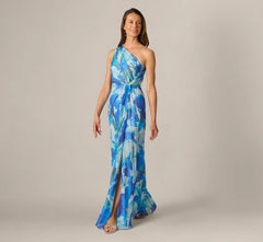 One Shoulder Floral Chiffon Draped Gown In Blue Multi