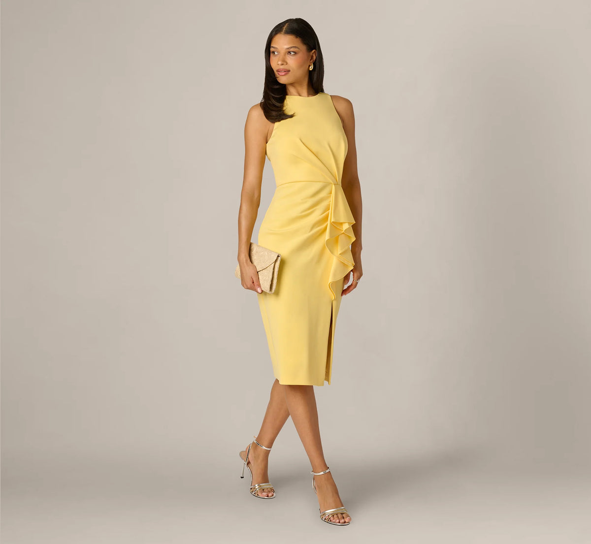 Sleeveless Draped Stretch Sheath Dress In Warm Sun