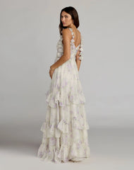 White Floral Chiffon Ruffle Gown With 3D Flower Straps