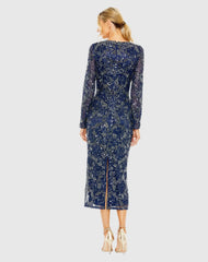 Navy High Neck Long Sleeve Embellished Dress