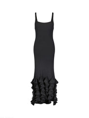 Black Rib Knit Sleeveless Midi Dress With Ruffle Hem - FINAL SALE