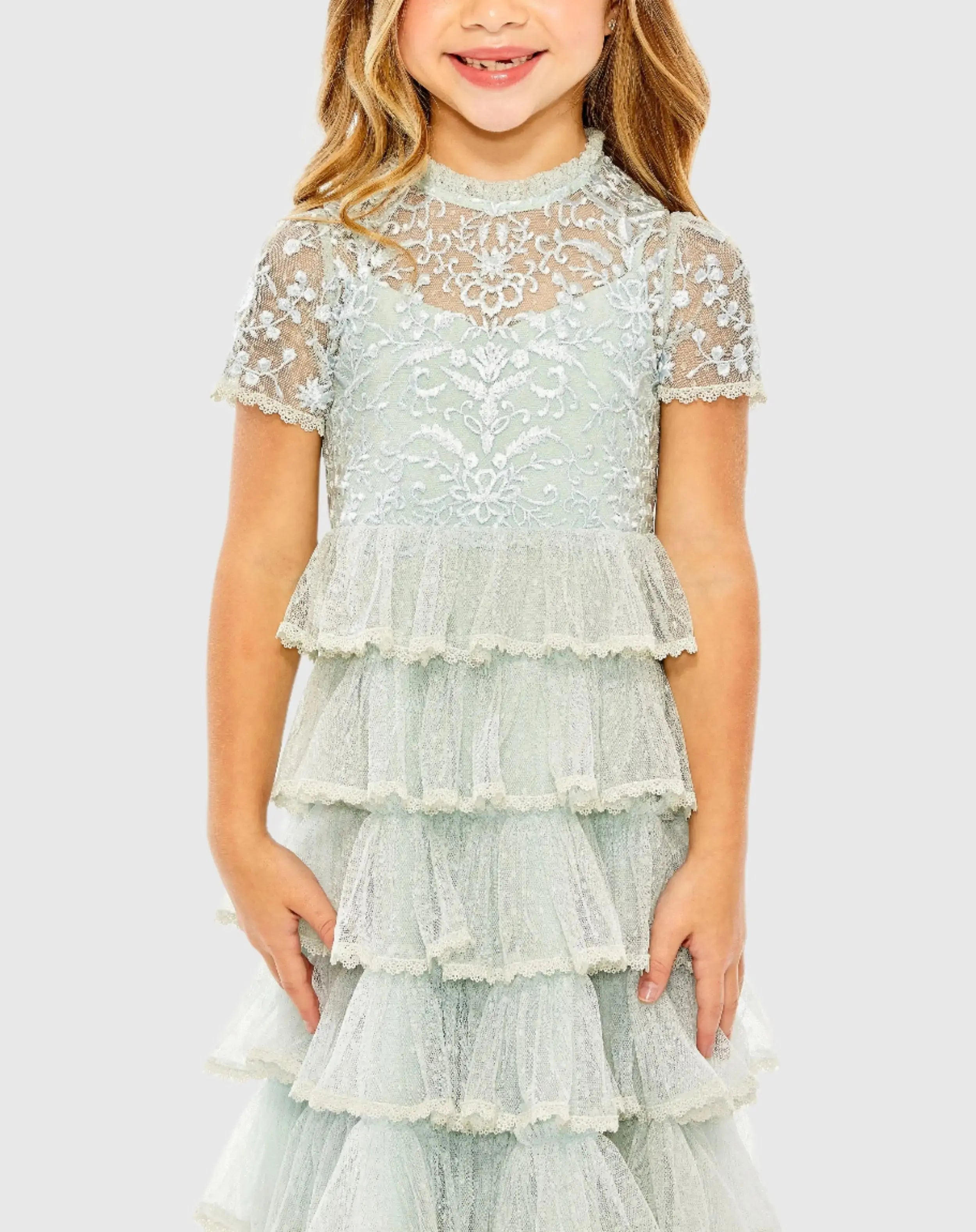 Blue Girls High Neck Embroidered Short Sleeve Dress