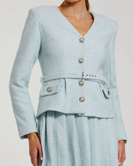 Blue Boucle Long Sleeve V Neck Midi Dress With Buttons