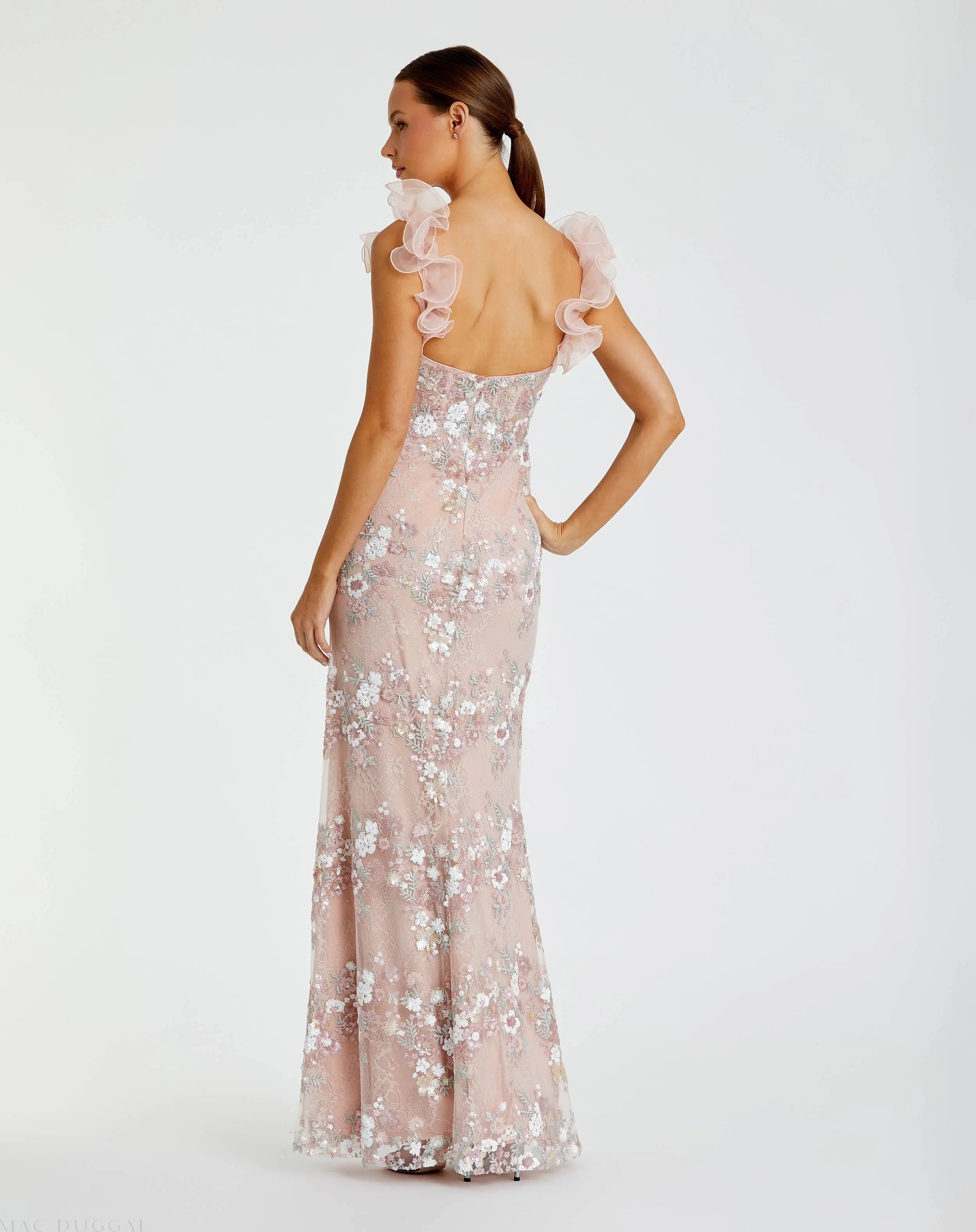 Pink Embroidered Lace Floral Gown with Ruffle Straps