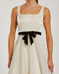 Ivory Polka Dot Square Neck Ball Gown With Bow