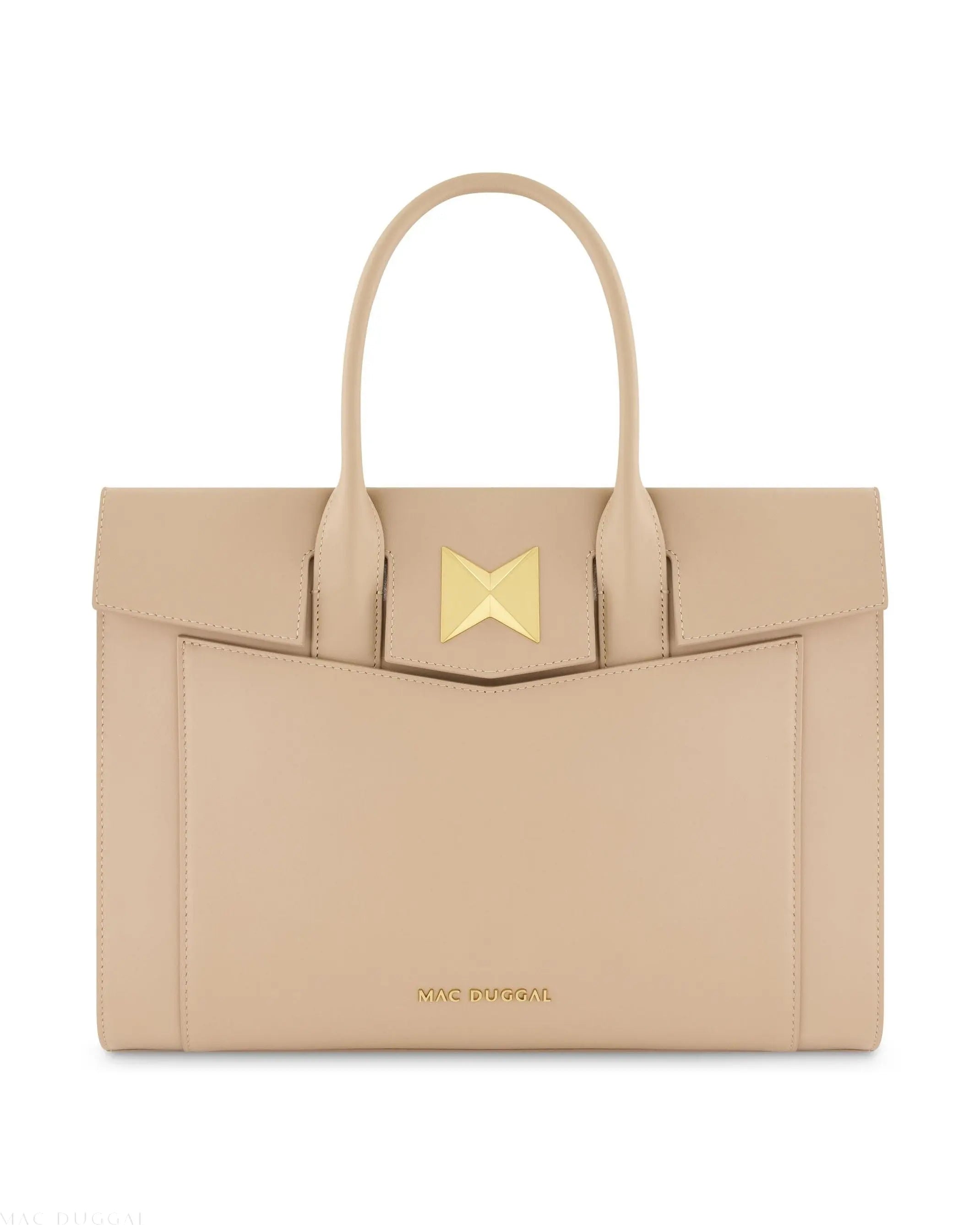 Beige Large Leather Briefcase Bag With Gold Hardware