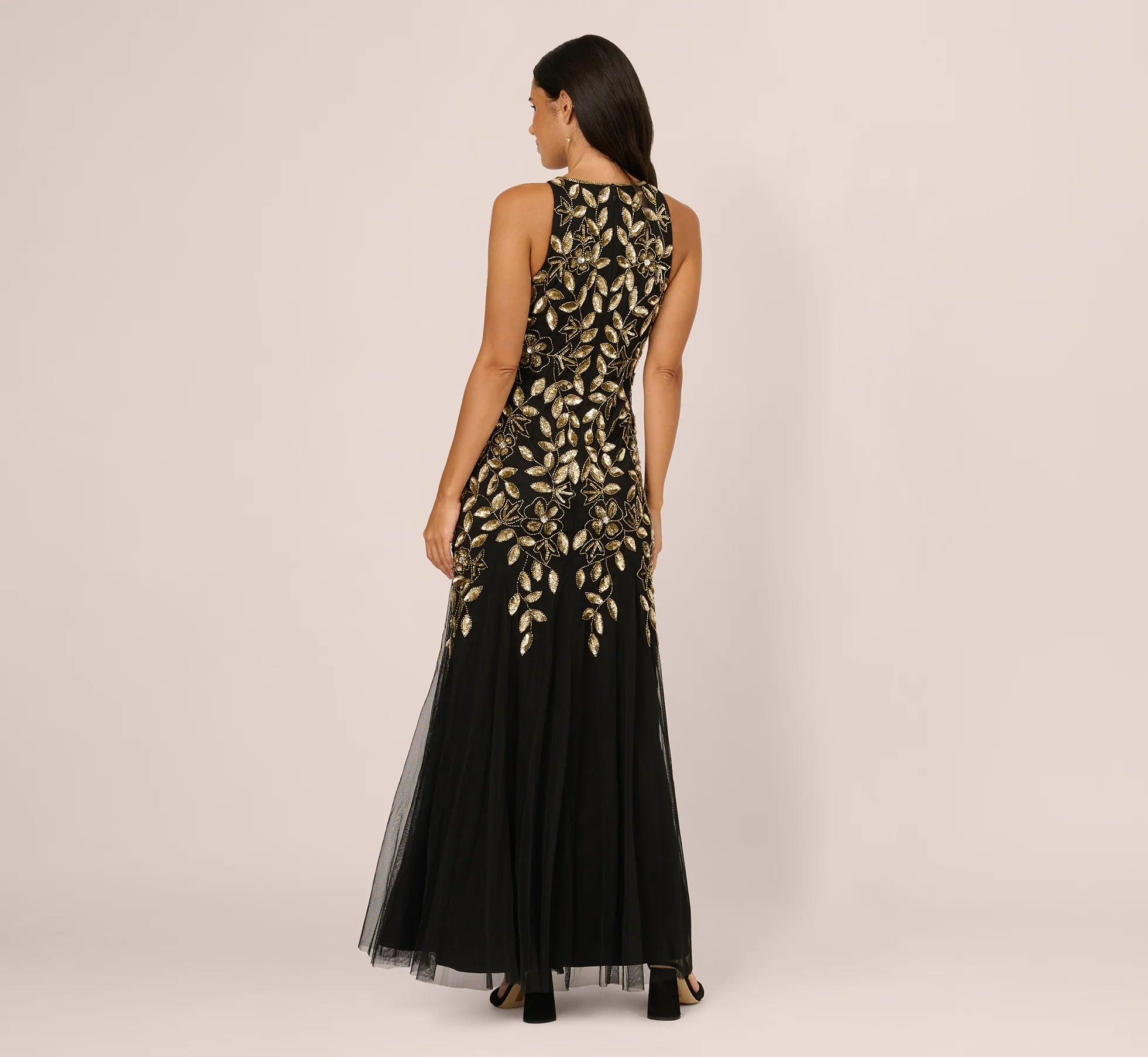 Sleeveless Floral Beaded Godet Gown In Black Gold