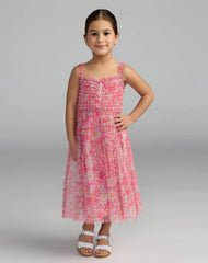 Girls Pink Floral Print Ruffle Mini Dress