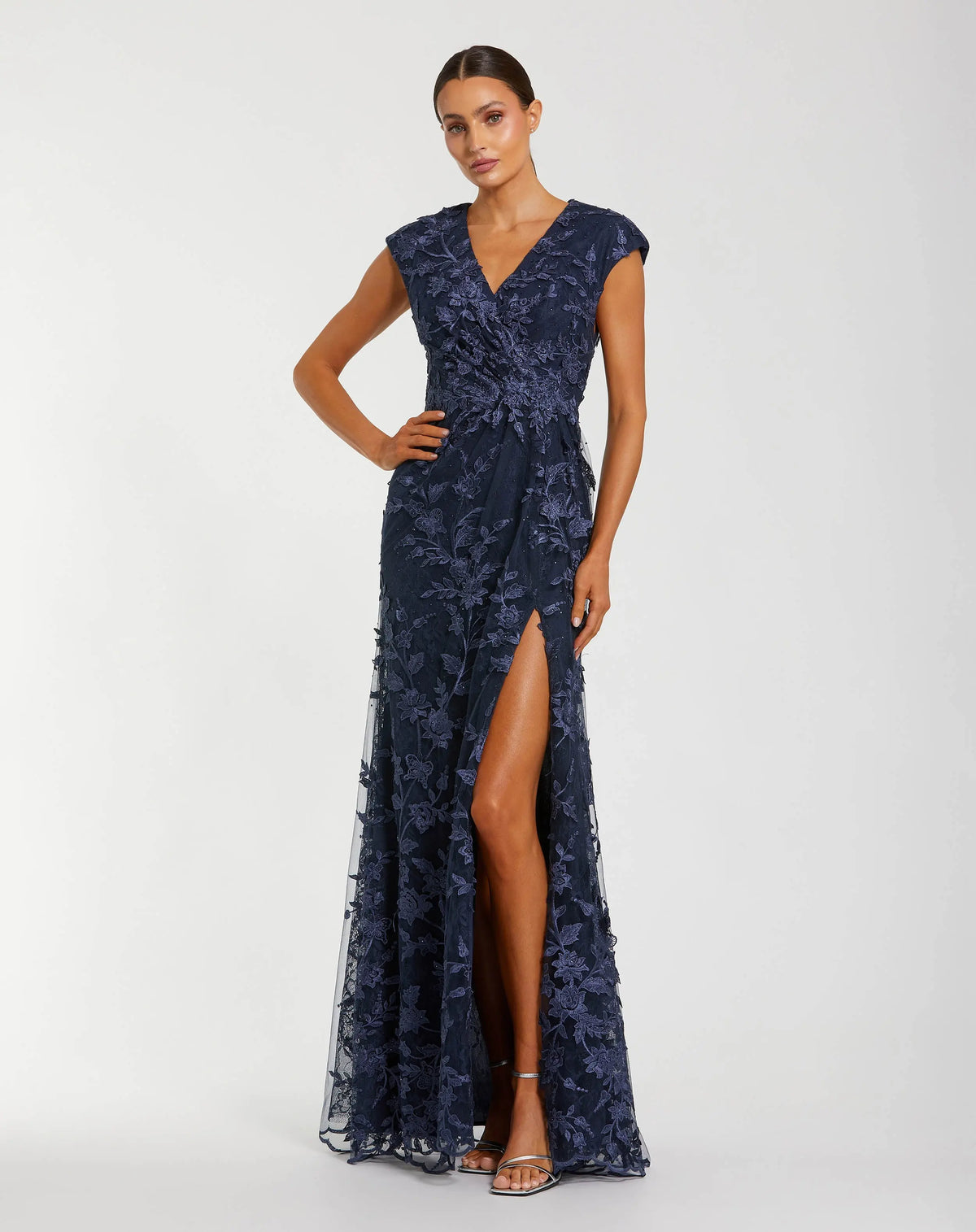 Women's Faux Wrap Embroidered Cap Sleeve Gown
