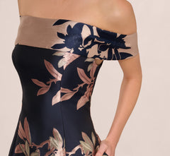 Off Shoulder 2 Tone Jacquard Fit And Flare Midi Dress In Navy Blush