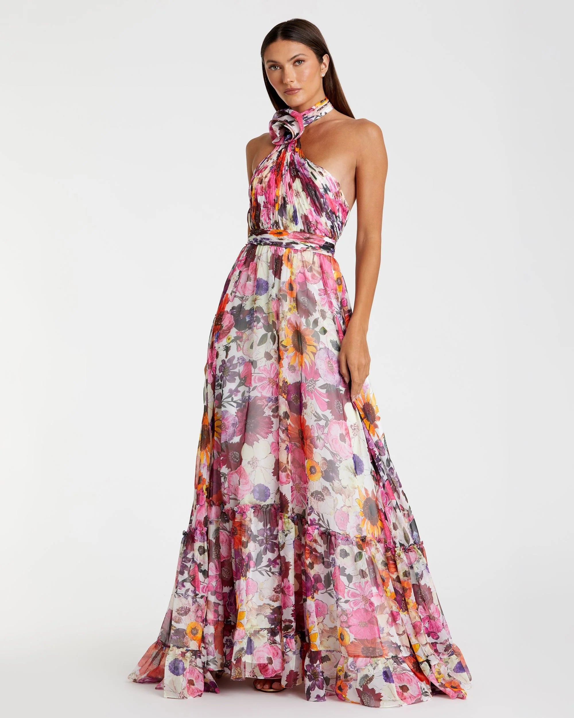 Asymmetrical Ruffled Halter Floral Gown