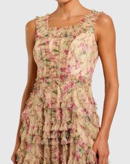 Beige Floral Printed Sleeveless Ruffle Midi Dress