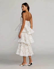 White and Beige Strapless Lace Tiered Ruffle Midi Dress