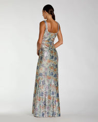 Silver Sleeveless Floral Sequin Gown