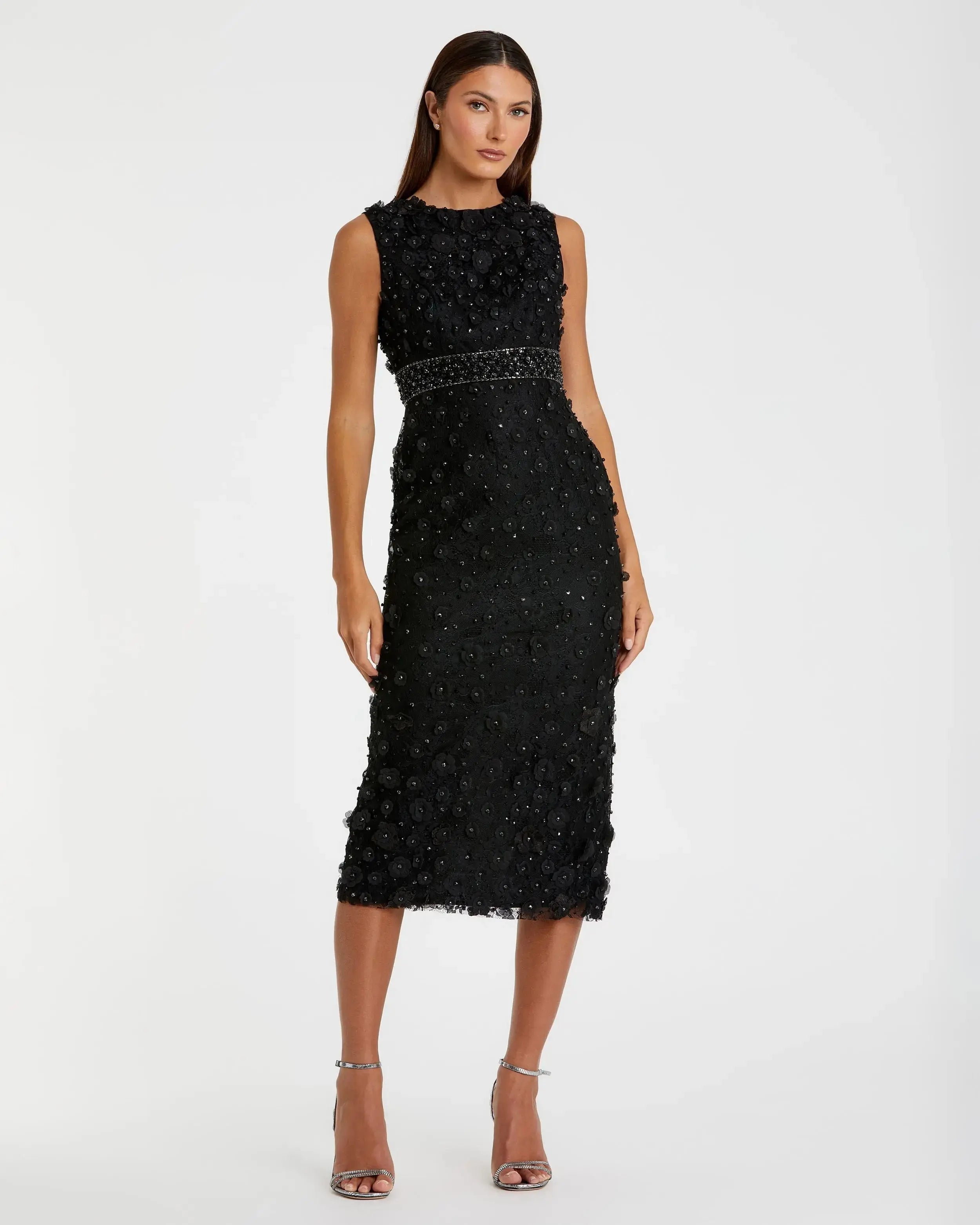 Floral Applique Sleeveless Midi Dress