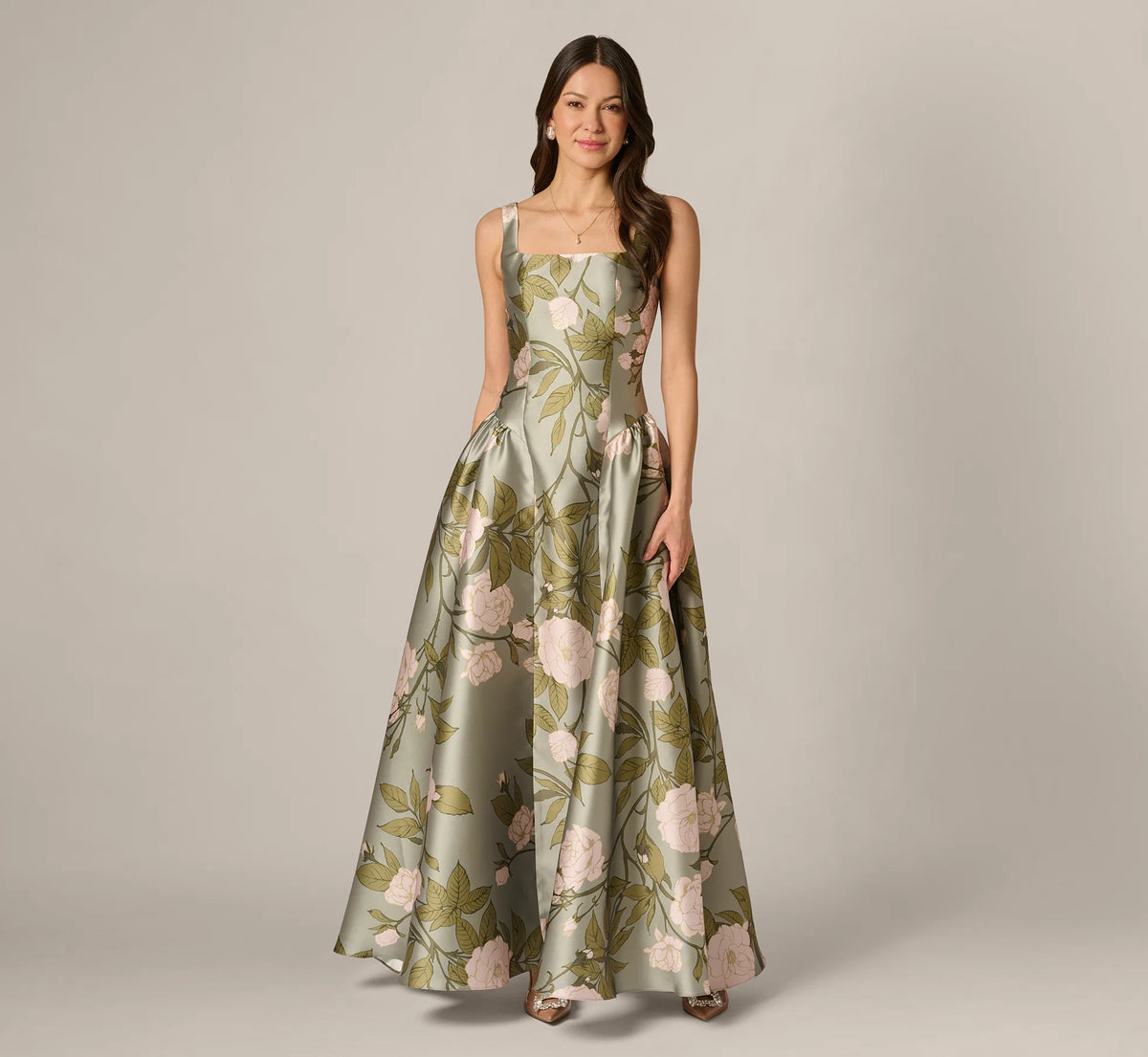 Drop Waist Square Neck Floral Ballgown In Sage Multi