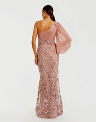 Pink One Sleeve Chiffon Embellished Gown