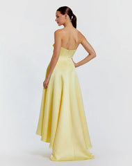 Yellow Strapless Satin High Low Gown With 3D Flowers