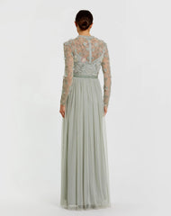 Green Embellished Illusion High Neck Long Sleeve Gown
