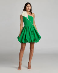 Green Bubble Hem Mini Dress With 3D Flower