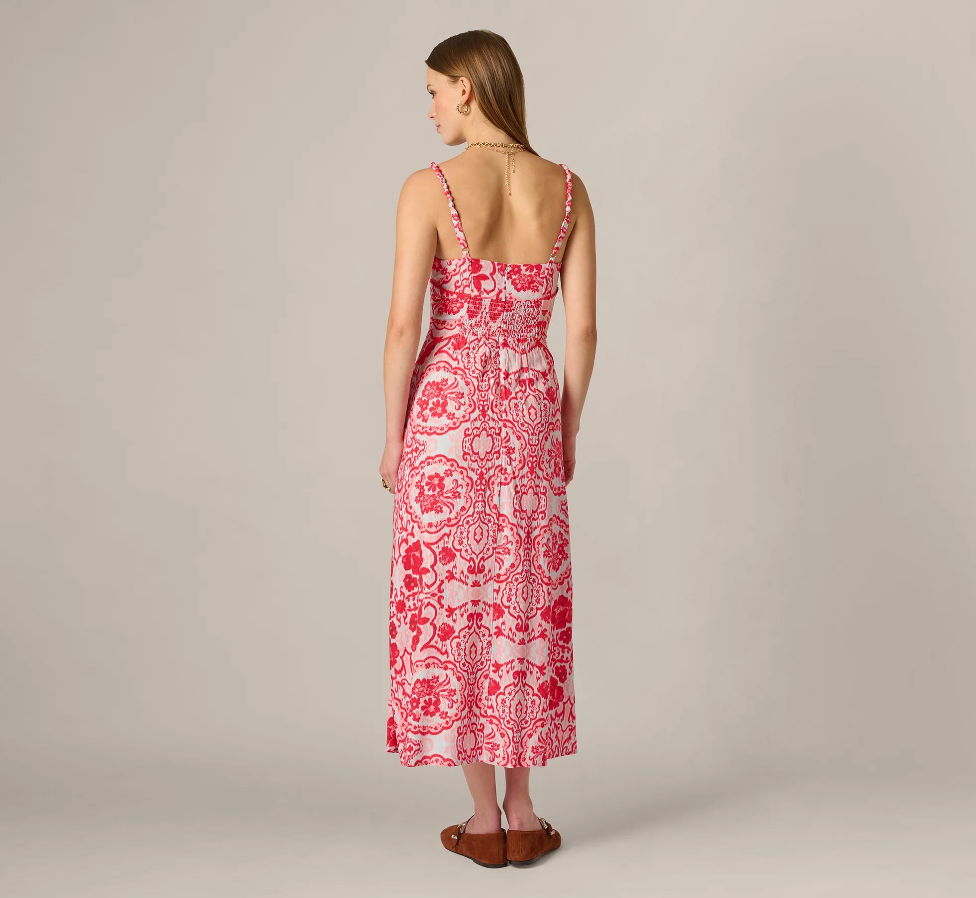 Crochet Trim Ikat Print Midi Sundress In Red Blue