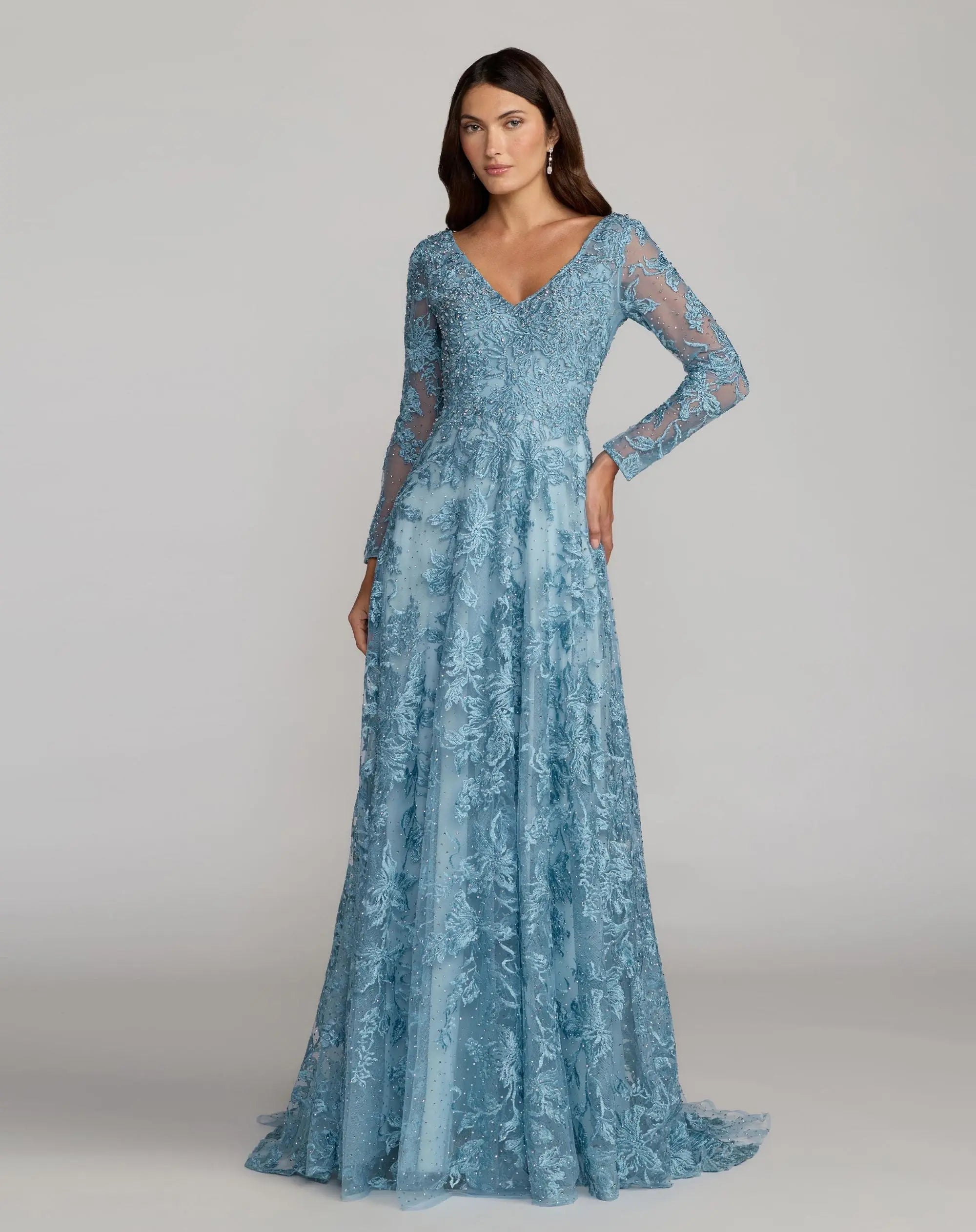 Embroidered Long Sleeve A-Line Gown