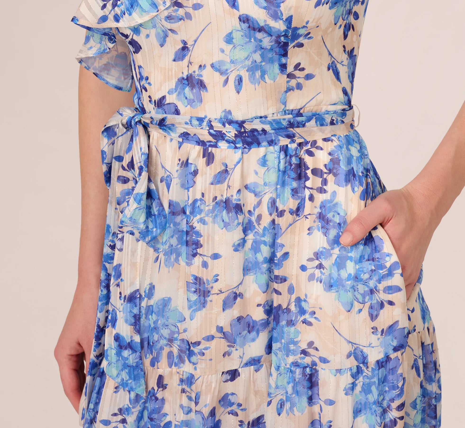 One Shoulder Metallic Stripe Floral Maxi Dress In Champagne Blue Multi