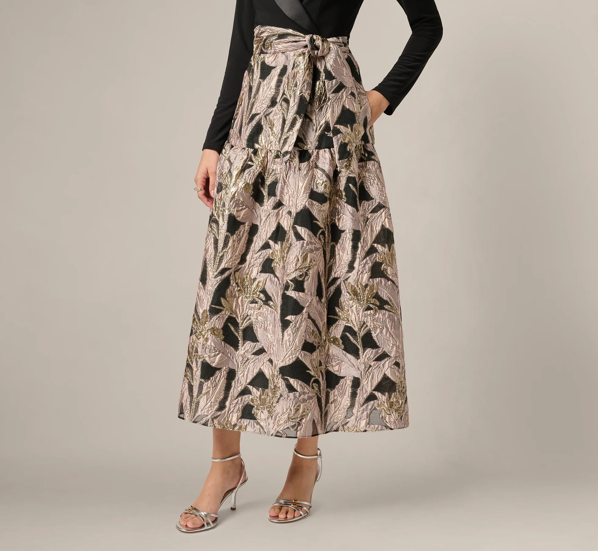 Long Sleeve Combo Tuxedo Ankle Length Gown In Black Blush