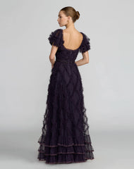 Navy Tiered Ruffle Puff Sleeve Gown